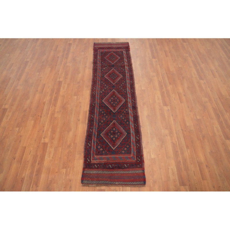 Tapis de couloir afghan traditionnel géométrique rouge et bleu 2x8