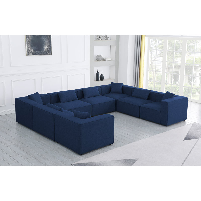 Canapé modulaire réversible de 144 po de largeur, Tissu texturé en lin bleu marine