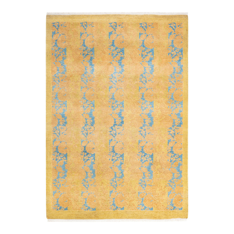 Tapis jaune / bleu noué à la main de conception unique 4 pi 1 po x 5 pi 10 po Vedrana Mogul