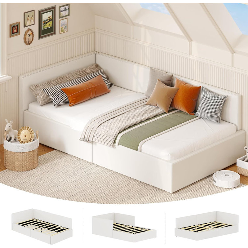 Twin Velvet Daybed with Guardrails, Upholstered Corner Bed for Kids, Beige, Beige