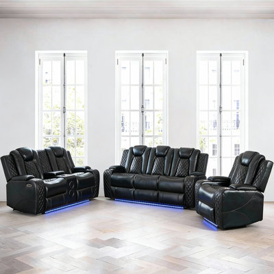 3 - Piece Power Reclining Home Theater Sofa Set (Chair & Loveseat & Sofa) – Faux Leather With Smart Tech & Ambient Lighting