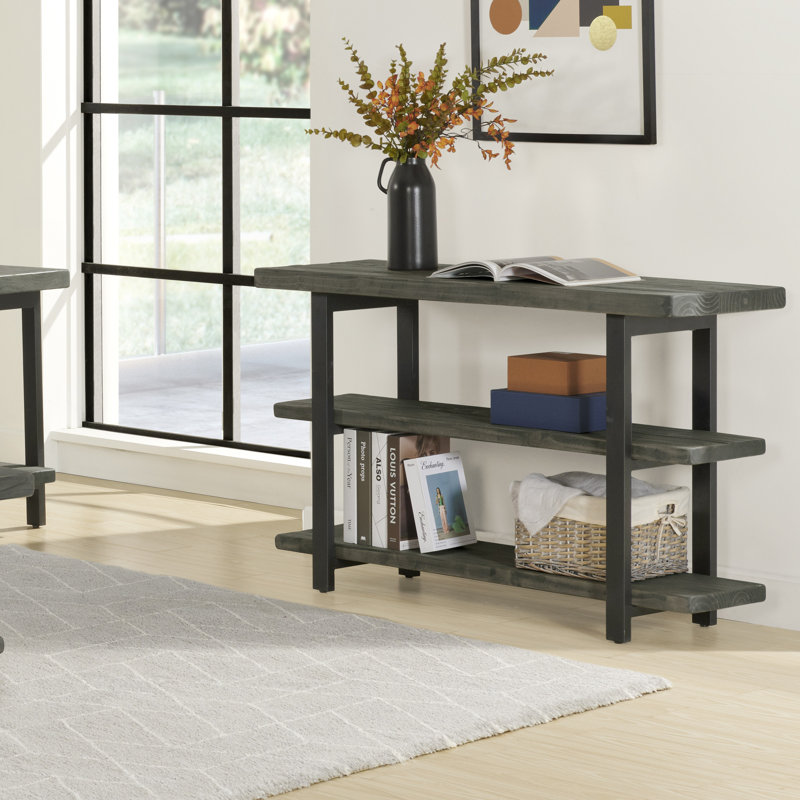 Rundell 48" Wide Rustic Industrial Solid Wood And Metal Frame Media Console Table With 2 Shelves, Slate Gray