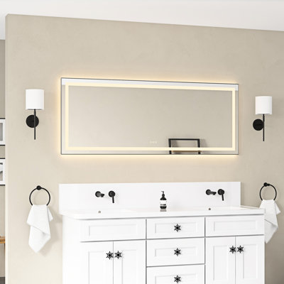 Miroir de meuble-lavabo 72 po x 28 po avec façade et rétroéclairage, cadre en aluminium, brouillard, 3 couleurs, pour des températures de couleur de salle de bain silencieuses à DEL, luxe réglable à intensité variable