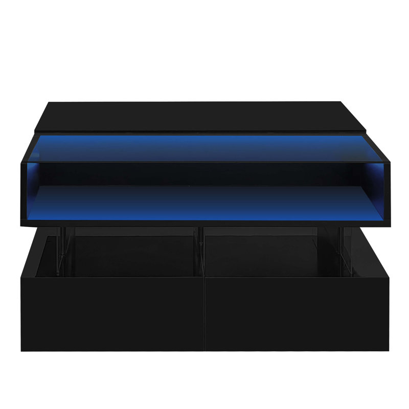 Lift-Top Coffee Table with 2 Drawers, Modern Square Design with Glass Top and High-Gloss Finish, Hidden Storage and LED Lights for Living Room