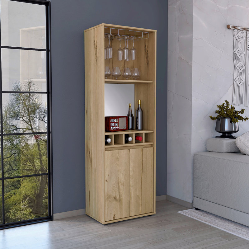 Armoire bar à deux portes, cinq porte-bouteilles encastrés, deux tablettes, deux tablettes intérieures