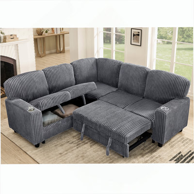 L-Shaped Sectional Sofa Bed With Pull-Out Sleeper, USB Charging, And Storage For Modern Living Spaces.