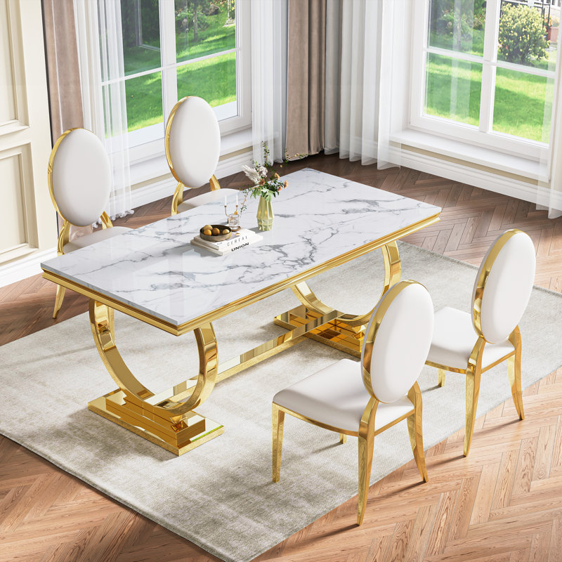 Modern Dining Room Set, Faux Marble Tabletop Kitchen Dining Table Set With Upholstered Chairs, White/Gold, White/Gold