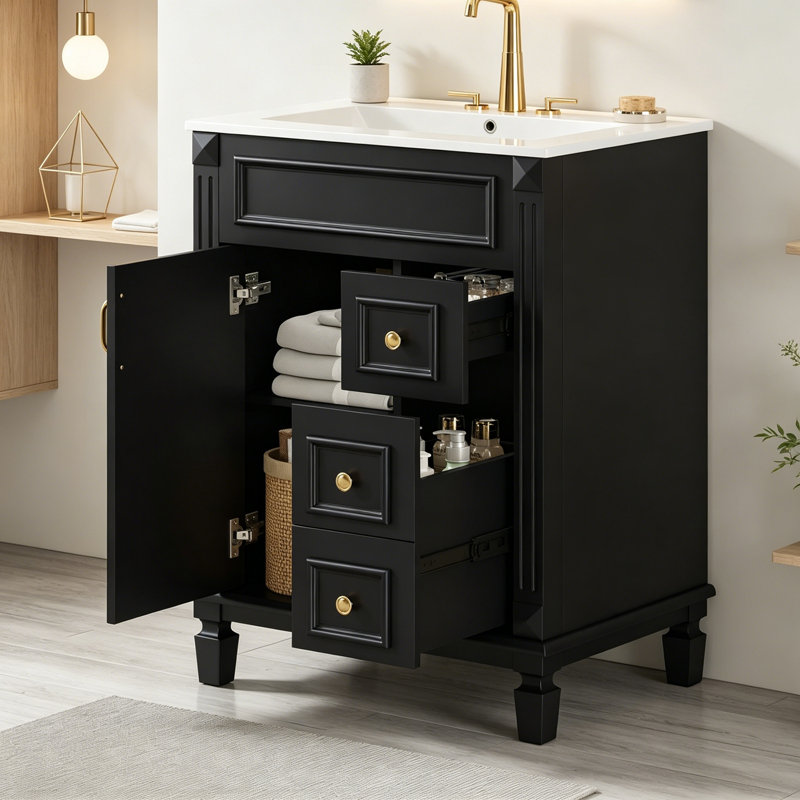 Meuble-lavabo avec lavabo en céramique, 2 tiroirs et tablette réglable, Black