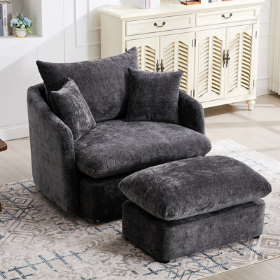 Single Chair for Home, Upholstered Swivel Accent Chair with Ottoman, Pillows for Living Room