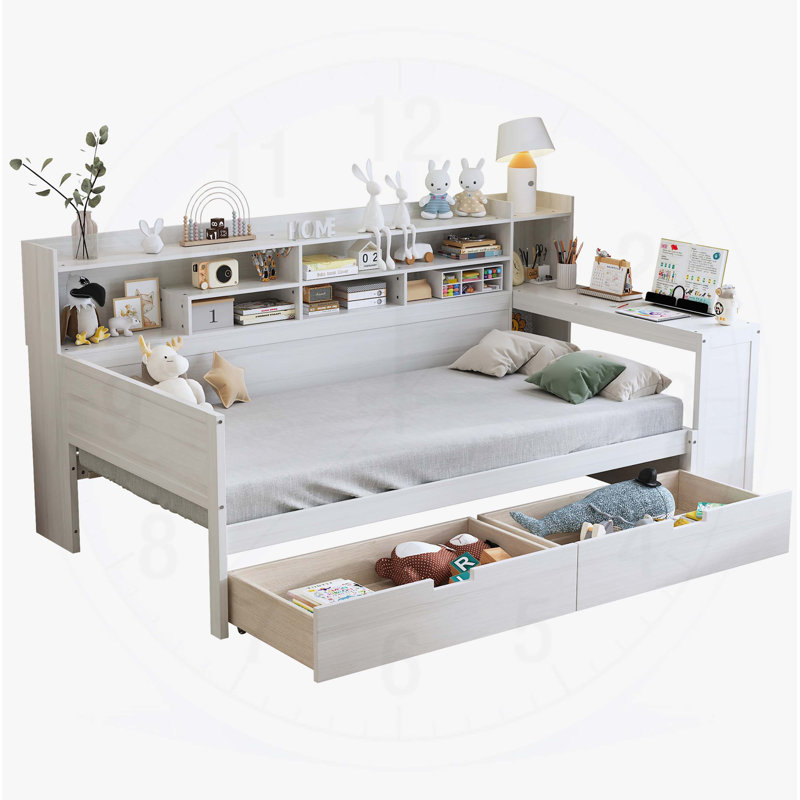  Lit de jour en bois avec tablettes de rangement, tiroirs et bureau d'étude pour une utilisation multifonctionnelle