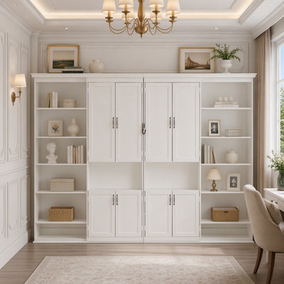 Lit escamotable double avec armoires de rangement et tablettes coulissantes