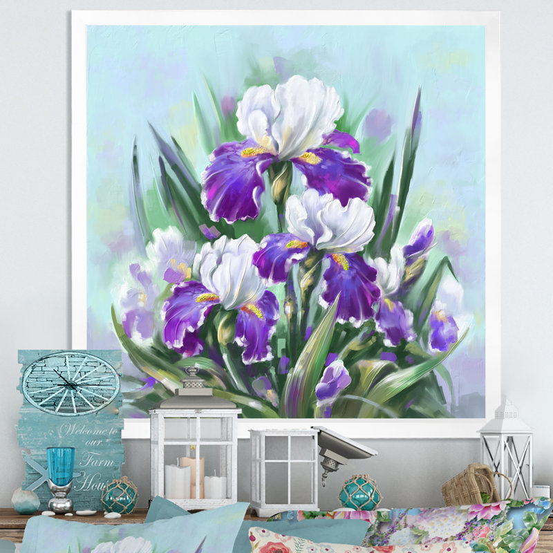 Fleurs et iris mauves en fleurs, Impression blanche sur toile encadrée, H 36 po x l 36 po x P 1,5 po