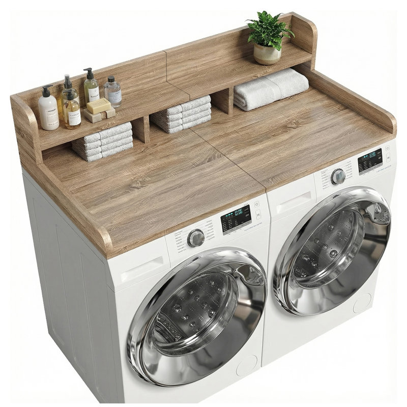 Washer Dryer Countertop With Non-Slip Pads, Laundry Wood Shelf Topper With Edge, 54" Width X 27.5" Depth Double Layer Organizer For Washer And Dryer Laundry Hamper Counter Storage (Sandy Brown Color)