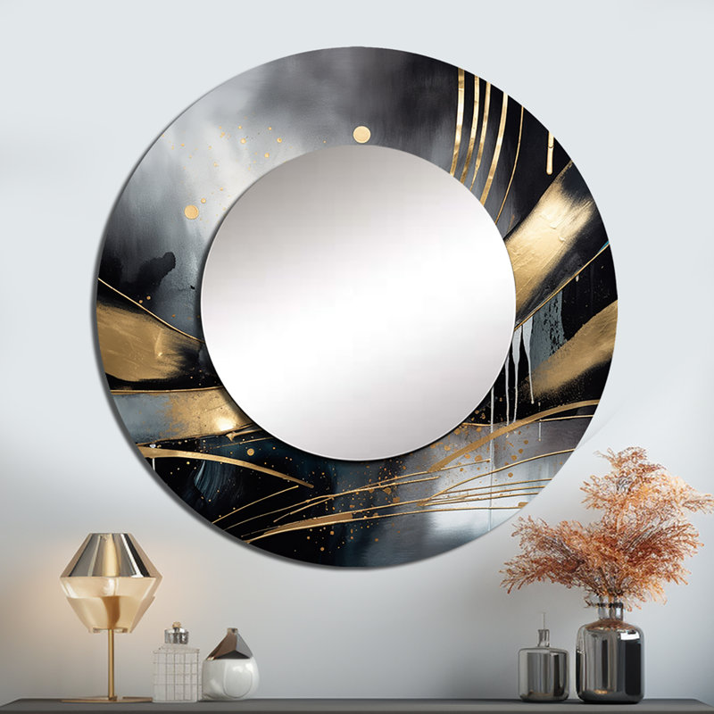 Stena Shapes And Lines Abstract Marble II - Marble Wall Mirror, Gold Round Decorative Mirror, Printed Metal Art, 23" x 23"