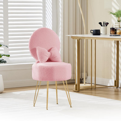 Vanity Stool Chair with Pillow & Foldable Backrest, Sherpa Fleece Vanity Chair with Storage Space & Metal Legs