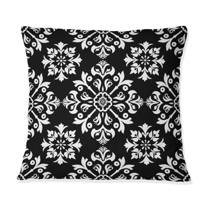 Vintage Black Floral Mosaic Tiles X - Floral Pillow