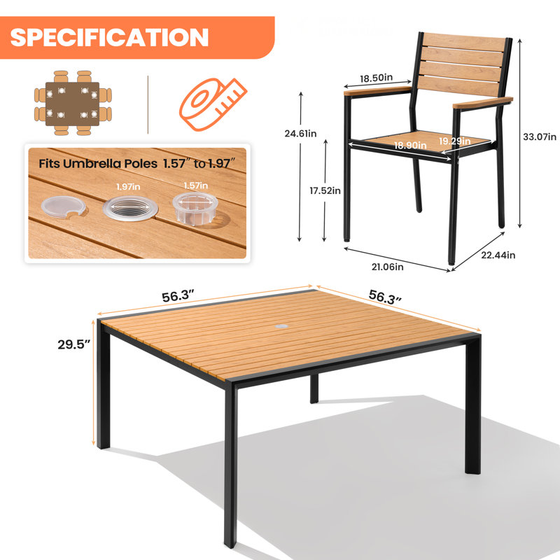 Ensemble de salle à manger d'extérieur en aluminium pour 8 personnes avec chaises empilables et trou pour parasol, Brun
