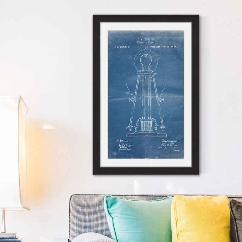 « edison light 1881 blueprint » par steve king, reproduction d’art encadrée, H 18 po x l 12 po x P 1,5 po