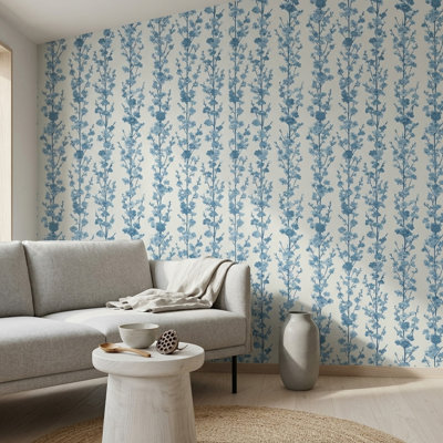 Blue Floral Wallpaper Cherry Blossom Branches Botanical Pattern Decorative Mural