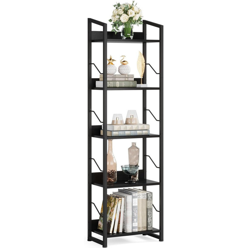 5 Tier Narrow Bookshelf: Tall Bookcase Shelf With Edge Protection, Industrial Modern Bookshelves For Bedroom Living Room Home Office (black)