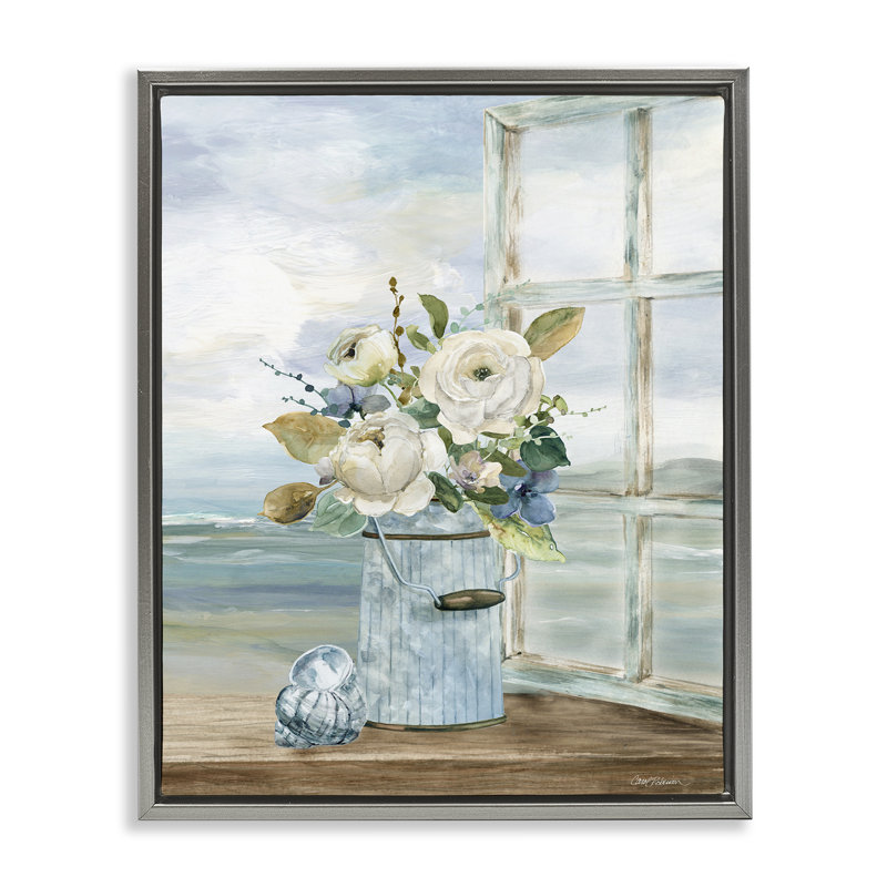 Fleurs de bord de mer sur un cadre flottant, par Carol Robinson, Cadre flottant gris lustré, H 21 po x l 17 po