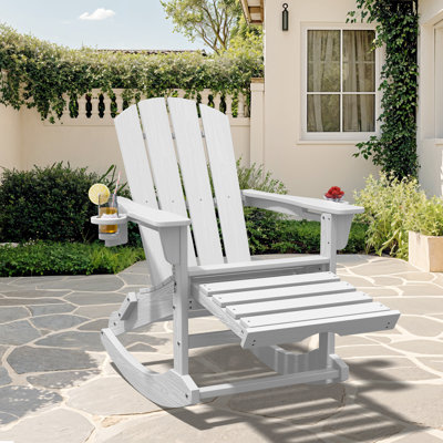 Outdoor HDPE Folding and Rocking Adirondack Chair With Double Cup Holder and Ottoam 