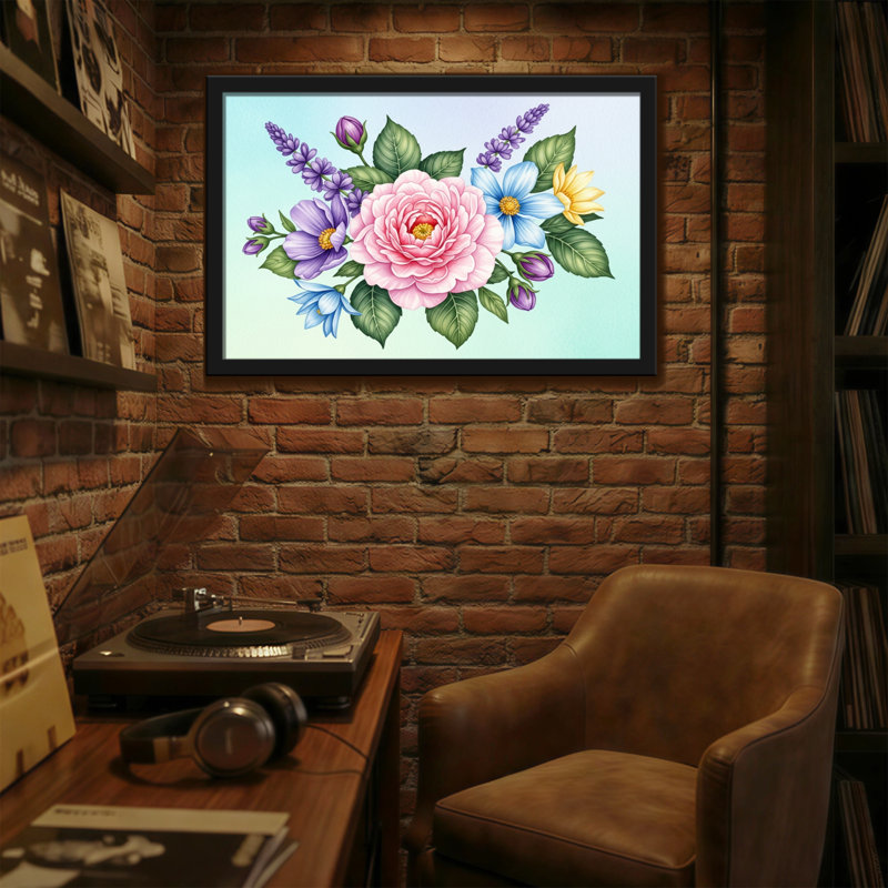 Bouquet de plantes et de fleurs avec rose rose et fleurs colorées, H 20 po x l 30 po