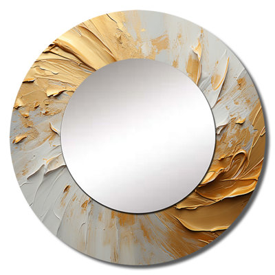 Rotow Gold And Beige Soft Wave Paint - Abstract Shapes Wall Mirror, Modern Round Decorative Mirror, Printed Metal Art