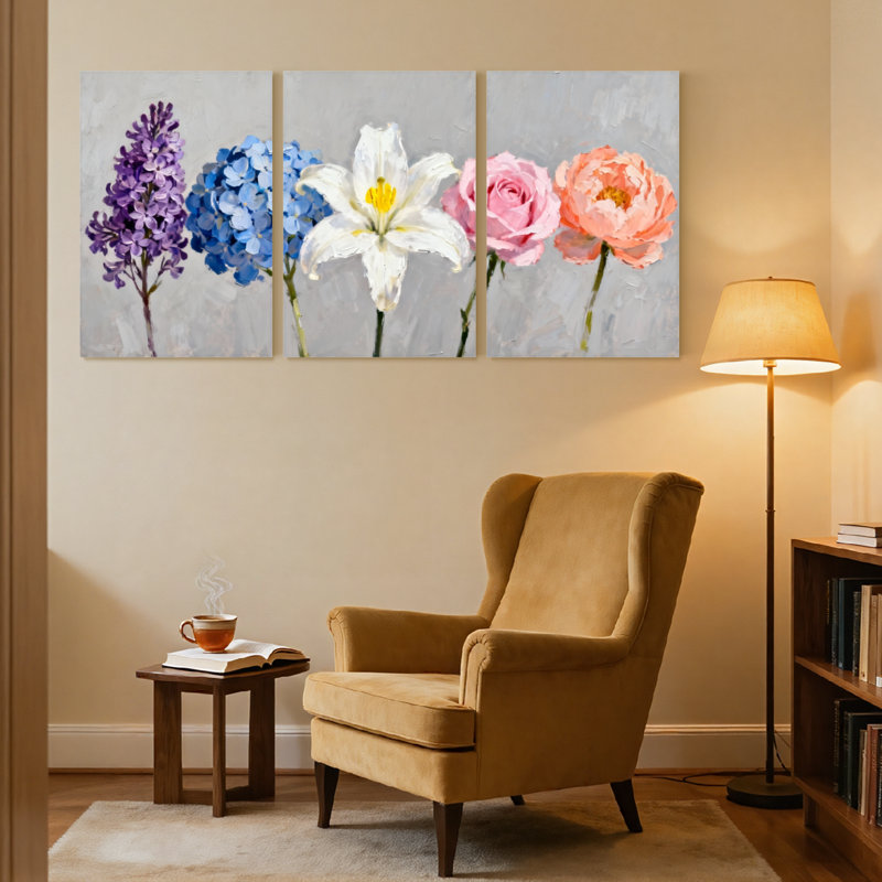Plantes et fleurs, lilas bleu, hortensia, lis blanc, rose, rose, ensemble de 3 impressions sur toile, H 36 po x l 72 po