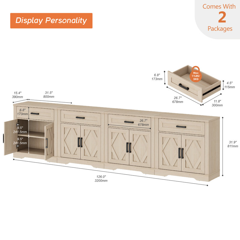 126"W Large Office Storage Cabinet, 4-In-1 Farmhouse Wood Storage File Cabinet With Storage Barn Door Unit, Office Console Table With File Drawers And Shelves For Office, Bedroom,Beige