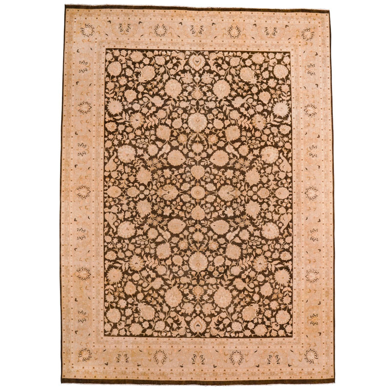 Tapis unique en laine beige / brun 10 pi x 13 pi 11 po années 1990