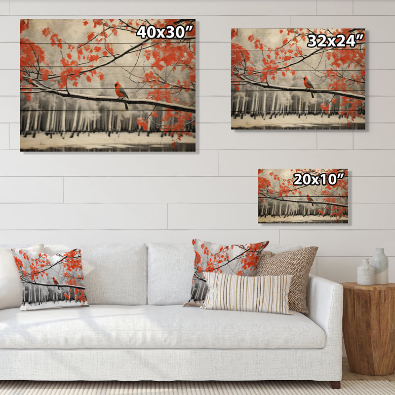 Oiseau monochrome rouge et gris dans la forêt III sur bois, H 24 po x l 32 po x P 0,78 po