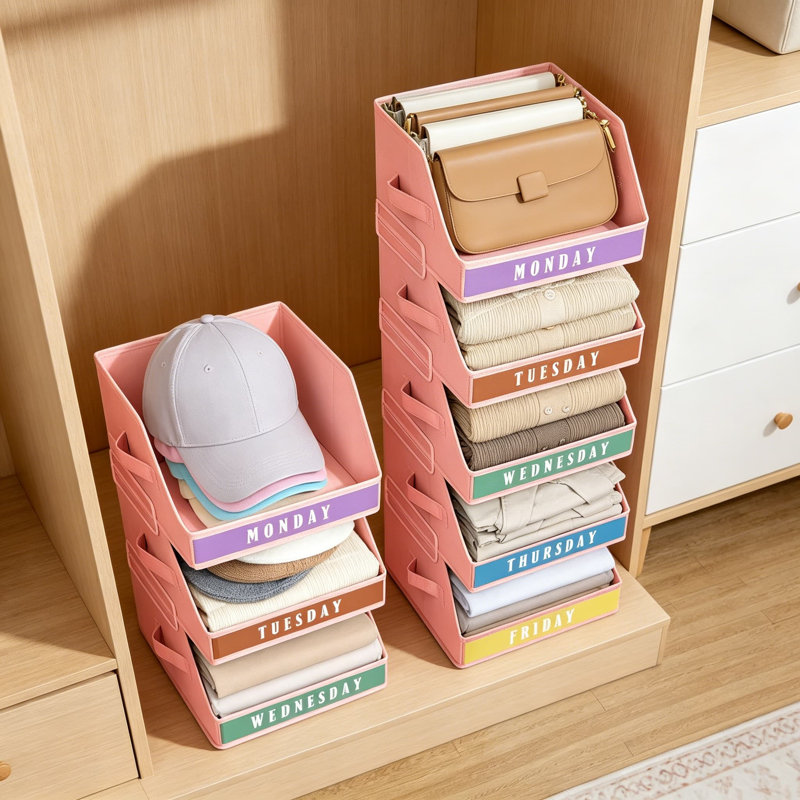 Organisateur de placard et rangement avec bacs de rangement empilables à 5 niveaux, bacs cubiques pliables avec cadre en métal et étiquettes hebdomadaires pour enfants et adultes, paniers roses pour vêtements et jouets