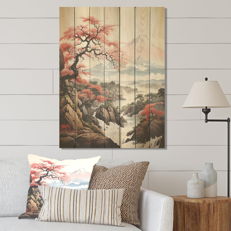 Fleurs de cerisier roses du printemps japonais - impression sur bois, H 44 po x l 34 po
