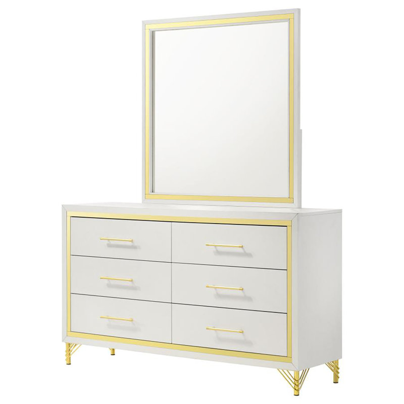Commode 6 tiroirs avec miroir Leibowitz, Blanc / Doré