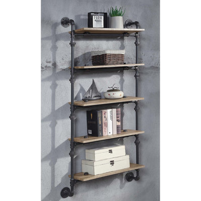 5 Tier Oak Wall Shelf With Metal Frame, Water Pipe Style, Floating For Office Storage And Decor, 9"W Shelf, 12" Style Mounted Spacious Home Space