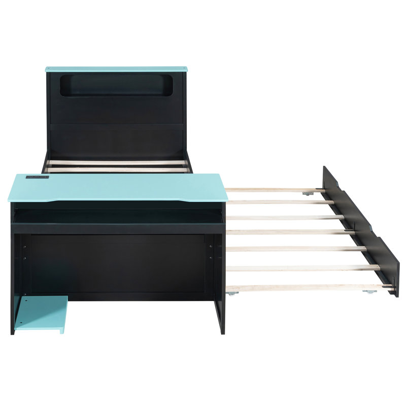 Lit plateforme simple avec lit gigogne, bureau, tête de lit à panneau noir et bleu, zone de jeu et d'étude, conception peu encombrante, tête de lit intelligente en bois à utilisation à long terme, qualité intégrée