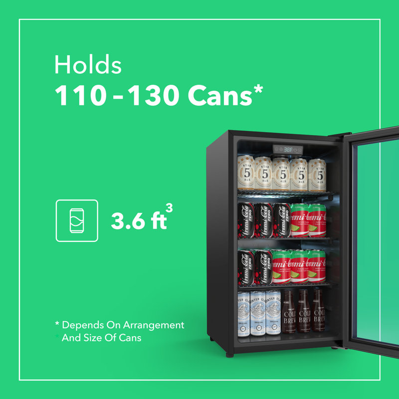 Vremi 3.6 Cubic Foot Beverage Glass Door 3 Adjustable Shelves Mini Fridge, Black