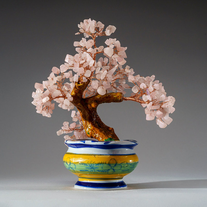 Genuine Rose Quartz Bonsai Tree in Round Ceramic Pot (8.5")