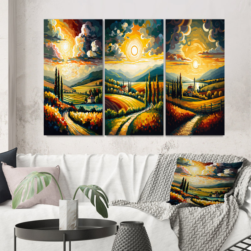 Sun Rays Peaking Through Clouds - Landscape Mountains, ensemble d'art de 3 pièces, Toile tendue, H 40 po x l 60 po