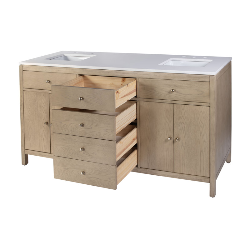 Nora 72 in. W Quartz Double Sink Bathroom Vanity Set, Light Oak