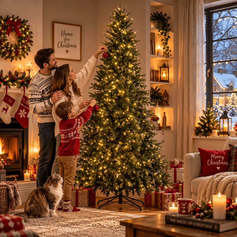 8.5ft Pre-lit Pencil Christmas Tree with Warm Lights– Slim Design, 800 Tips, PE & PVC, Metal Stand