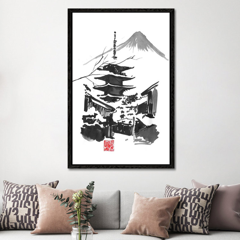 Fuji San And Temple by Péchane - Print on Canvas, Black Framed, 152.5 cm H x 101.5 cm W