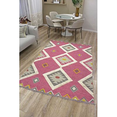 Kilim rustique fuchsia rustique géométrique lavable à la machine