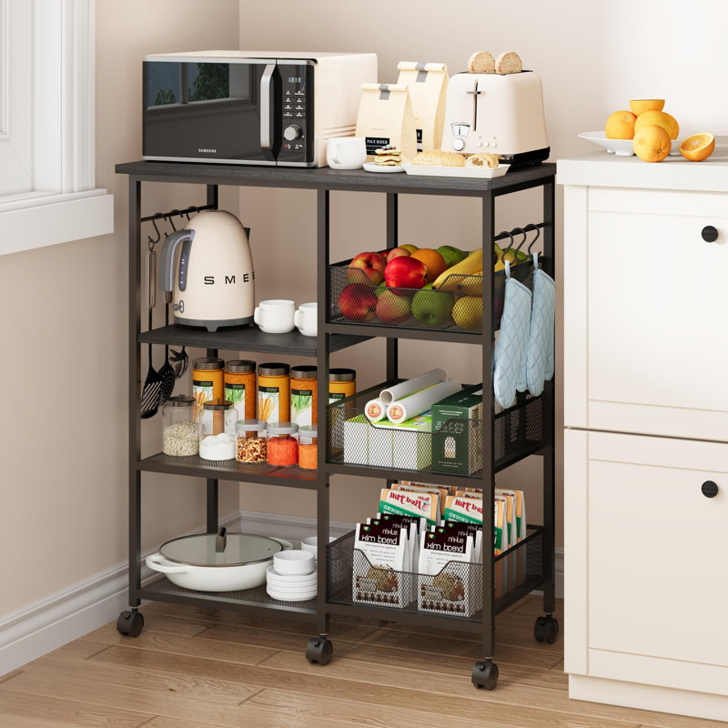 Kitchen Island Cart on Wheels with Storage Shelves, Rolling Kitchen Table Cart with Hooks and Locking Casters, Coffee Bar Cabinet for Dining Room, Pantry, or Office