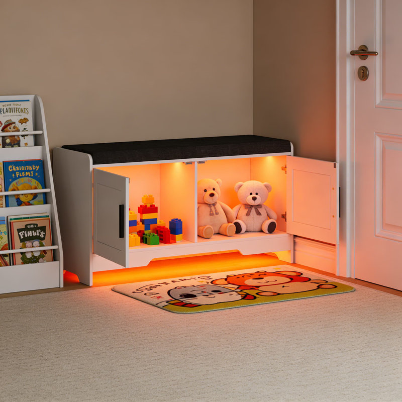 2-Tier Storage Bench With Padded Seat, Entryway Shoe Bench With Adjustable Shelf And 2 Doors For Living Room, Bedroom, And Hallway Organization