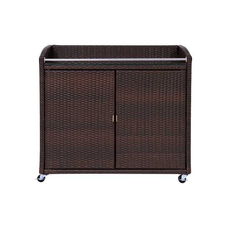 Outdoor Portable PE Rattan Serving Rolling Bar Cart with Storage Shelves, Glass Top, and Locking Wheels