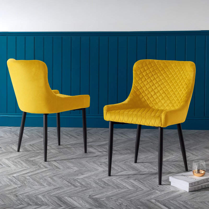 Wynnfield 49cm H Velvet Upholstered Metal Wing Back Side Chair in Grey, Mustard