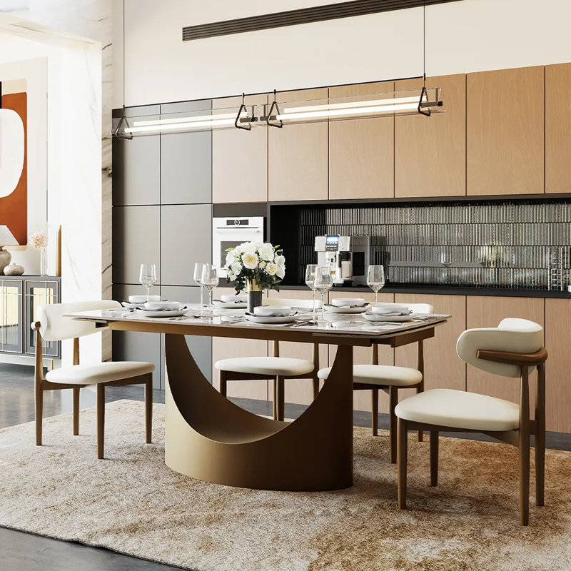 71"-95"Extendable Hobart Modern Dining Table For 6-10, Rectangular Sintered Stone Tabletop with Pedestal Base, Carbon Steel Leg