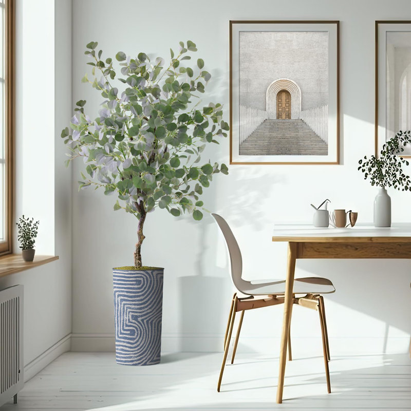 Arbre artificiel dans un pot de fleurs moderne, faux arbre en soie d'eucalyptus (décoration en pot et arbre), Bleu tourbillon